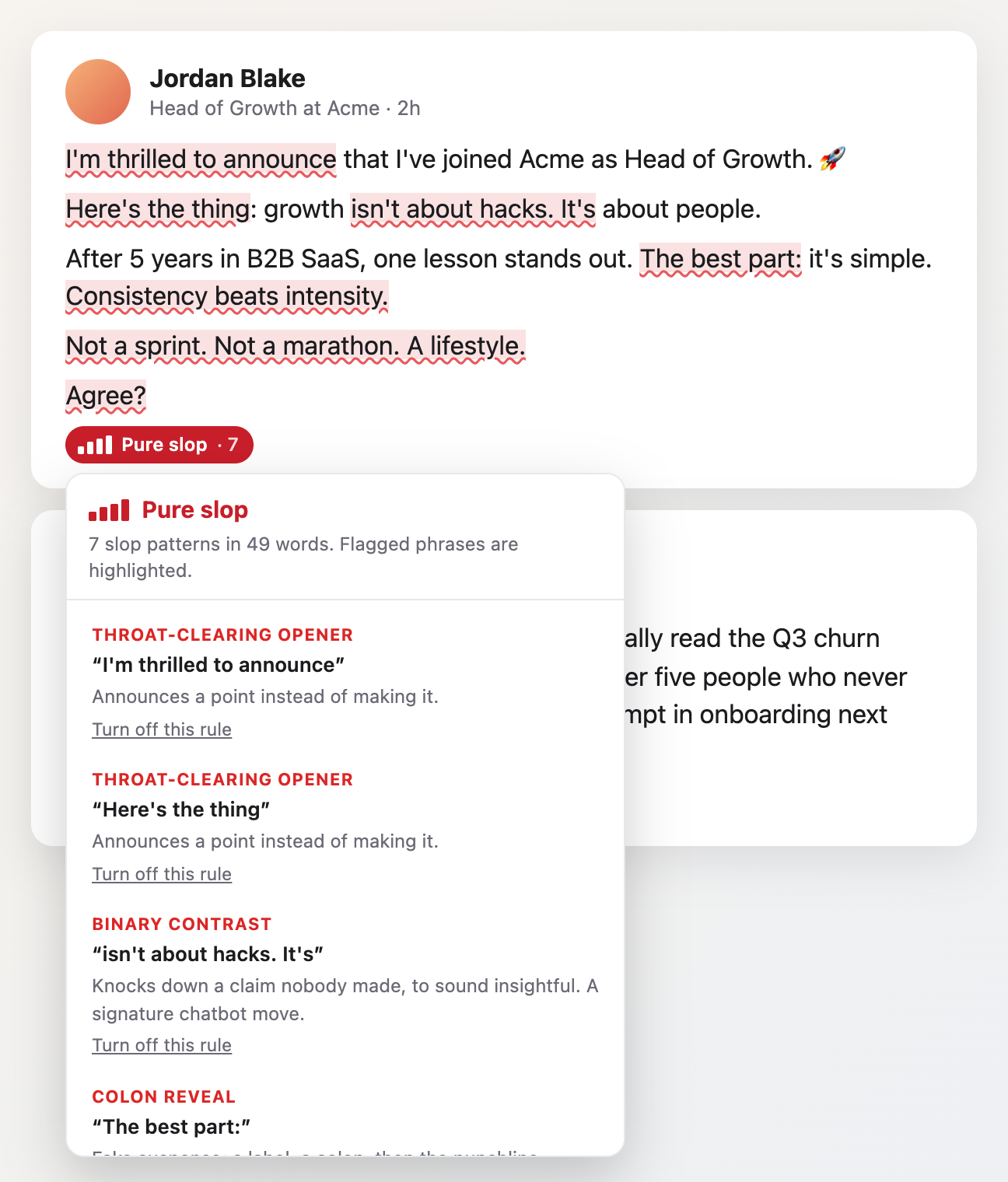 The extension on a post: a red Pure slop meter under the text, flagged phrases highlighted, and a popover listing each pattern with the reason it reads as generated.